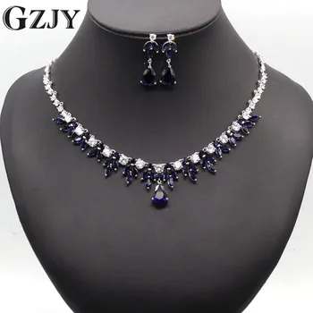 

GZJY Luxury Bridal Gold Color Water Drop Multi-color AAA Zircon Necklace Earring Jewelry Set For Women Wedding Party Jewelry