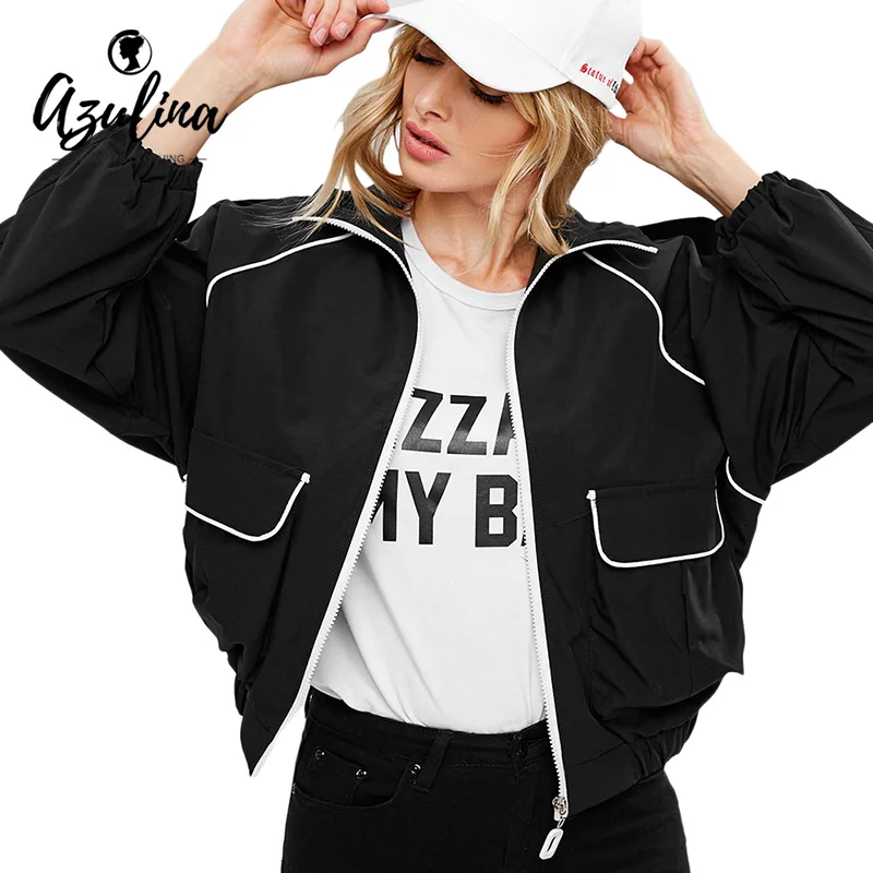 AZULINA Contrasting Binding Baggy Oversized Jacket Women Coat Turn Down Collar Long Sleeve 