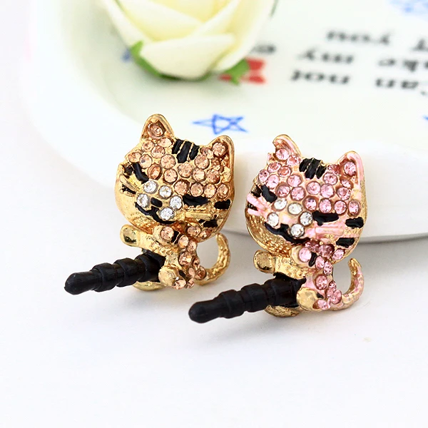 

300pcs/lot Jewelry Sleepy Little Cat Design Full of Diamond Phone Dust Plug For Iphone and All 3.5mm Earphone Plug Smart Phone