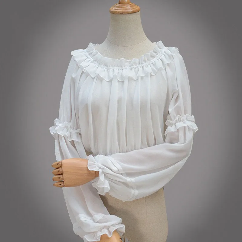 

Summer Ladies Lolita White Ivory Midriff Crop Tops Off Shoulder Layer Ruffle Tube Top Long Flare Sleeves Cold Neck Top For Women