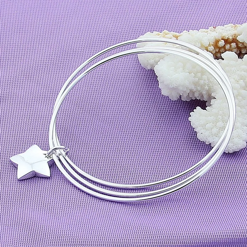 DOTEFFIL 925 Sterling Silver Three Circle Star Bangle Bracelet For Woman Wedding Engagement Fashion Charm Party Jewelry | Украшения и