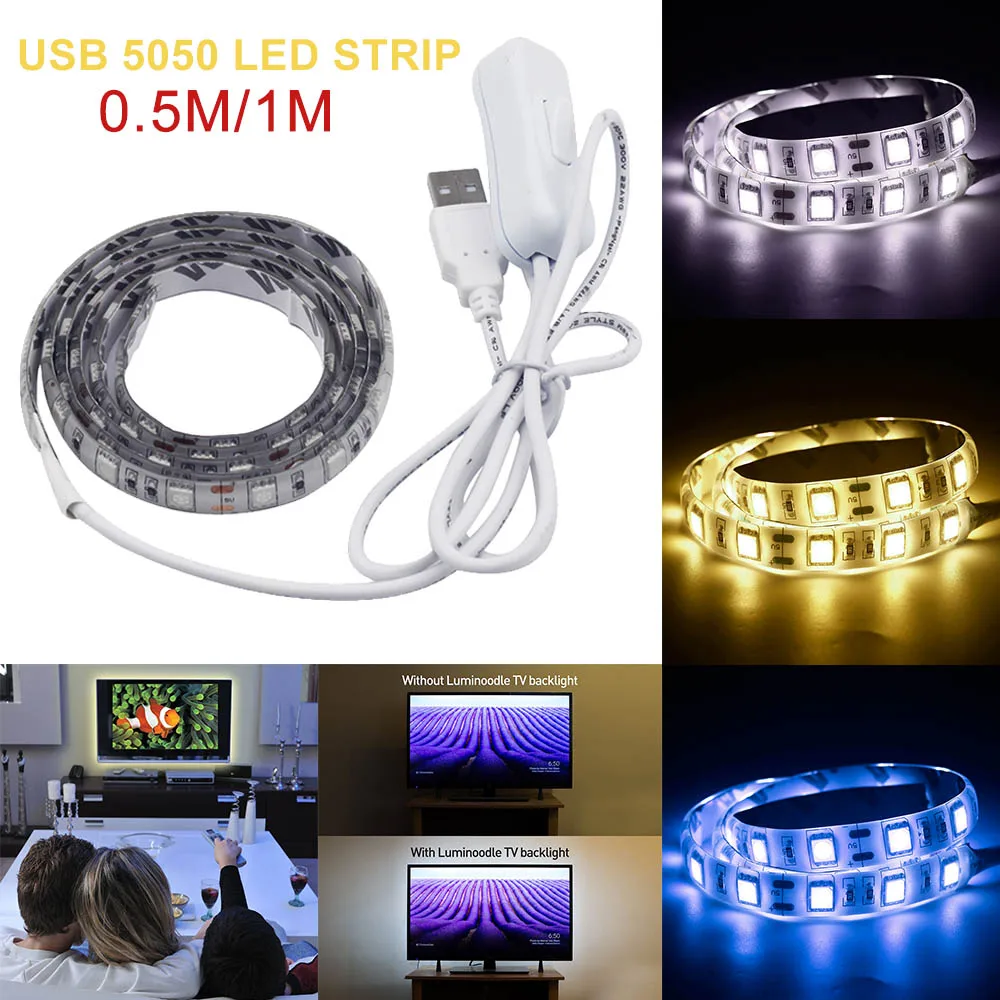 DC5V 50 см/1 M USB кабель Мощность светодиодный полосы света ленты SMD 5050 белый/RGB Рождественский стол Декор лампы лента для ТВ фонового освещения