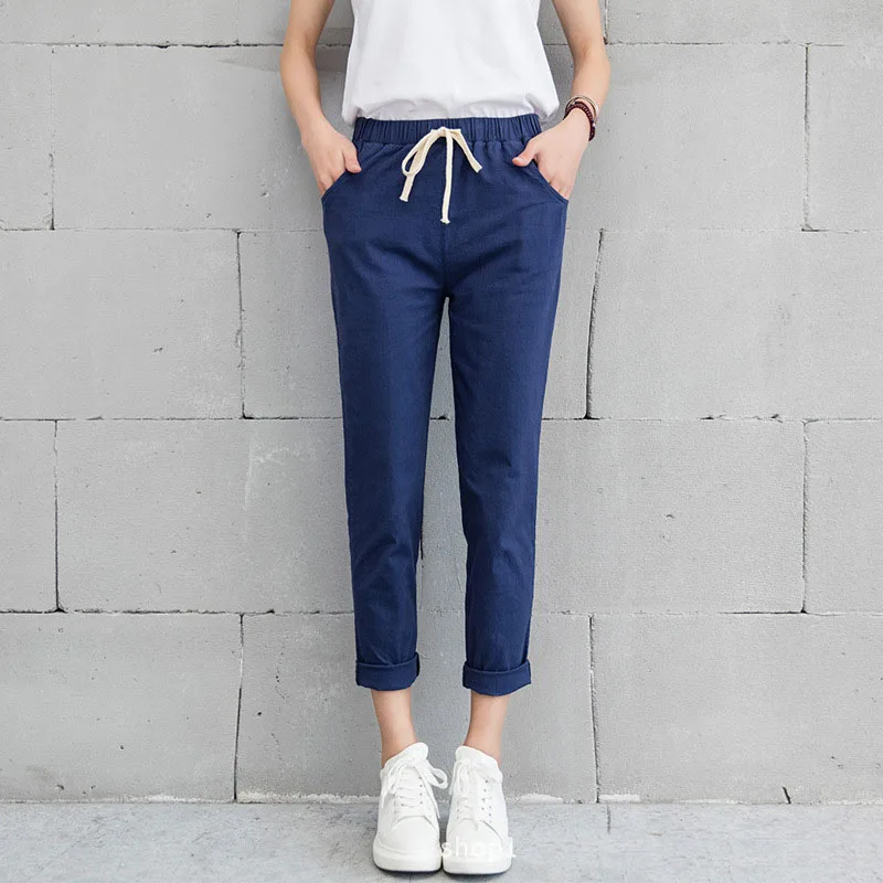 Новые женские повседневные весенне-осенние длинные брюки Harajuku больших размеров, однотонные хлопковые льняные брюки с эластичной резинкой на талии, штаны-шаровары длиной до щиколотки