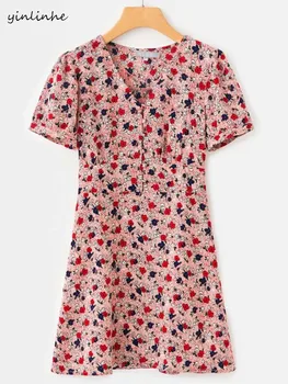 

yinlinhe Red Vintage Dress Women Chic Short Sleeve Summer Button Dress 2019 Print Show Thin Slim Ladies holiday vestido 1167