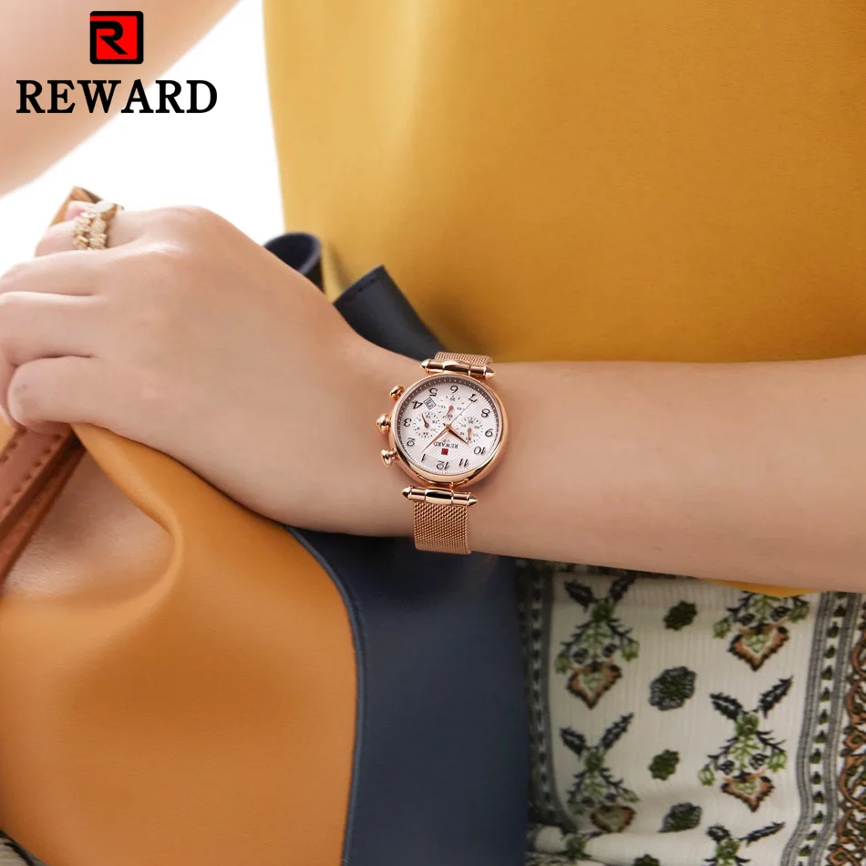 Награда Ретро Женская Мода Золото Синий Дата кварцевые часы Леди сетки ремешок для часов Высокое качество повседневные водонепроницаемые женские наручные часы
