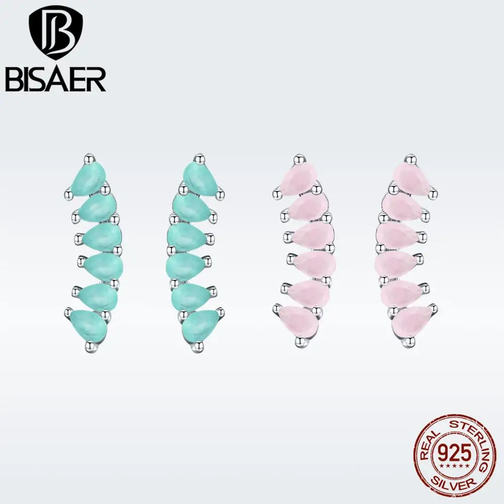 

BISAER 925 Sterling Silver Light Green Light Pink Crystal Stud Earrings For Women Elegant Style Whole Fashion Jewelry GXE633