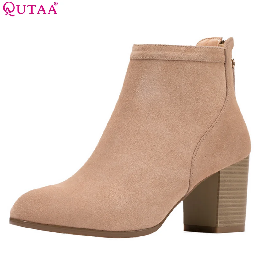 

QUTAA 2019 Women Motorcycle Boots Fashion Winter Shoes Platform Cow Suede Zipper Square High Heel Women Boots Big Size 34-39