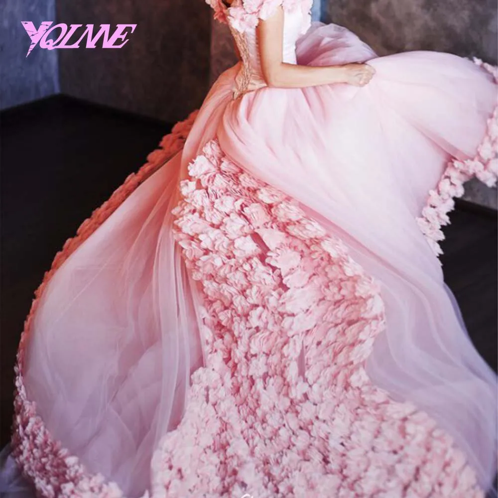 YQLNNE розовое свадебное платье 3D цветы Бальные платья с открытыми плечами Тюль на шнуровке Vestido De Noiva