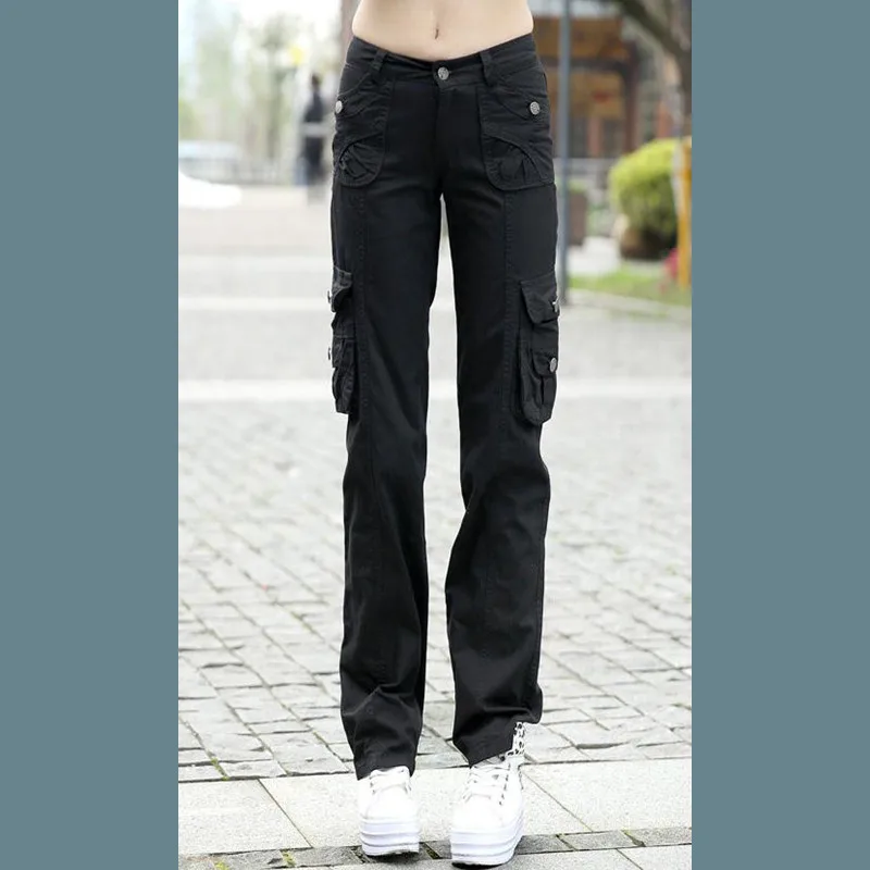Размера плюс Pantalon Femme Для женщин тренировочные хлопковые военные армейские брюки карго комбинезоны для девочек прямые брюки с несколькими карманами, брюки - Цвет: Черный