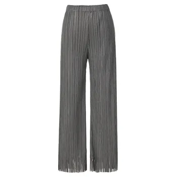 

Pants Women Plus Size Stretch Miyake Pleats 2019 Spring Summer New Tassels Solid Color Casual Straight Trousers Female