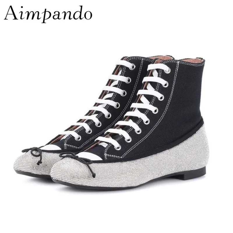 Cross Tied High Shoes Woman Fashion Canvas Bling Rhinestone Butterfly-knot Casual Shoes Zapatos Mujer