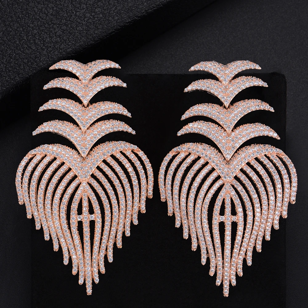 

73mm Exaggerated Animal Feather Cluster Hollow Full CZ Drop Dangle Earrings For Girls Women Party