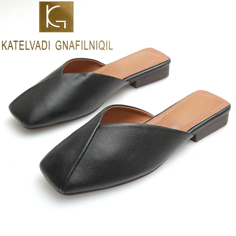 

KATELVADI Party Chic Women Mules Slipper Square Toe Block Heels Shoes Sandals 2019 Black Beige Korean Pumps K-414