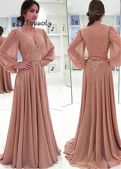 

Modern Long Sleeves Evening Dresses V Neck Coffee Prom Dress Outfits Sheer Back Floor Length Chiffon Turkey Evening Gowns 2019