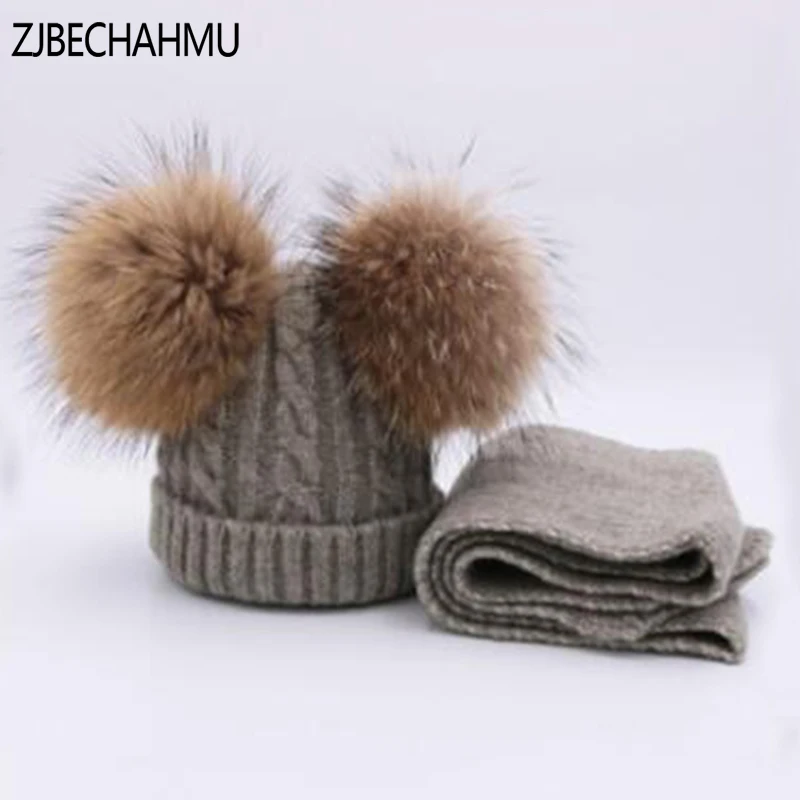 

ZJBECHAHMU Real Fox Fur Mink Pompoms 15cm Skullies Beanies Hats Children Girl Winter Wool Warm Hats Scarf 2019 New Snapback Hats
