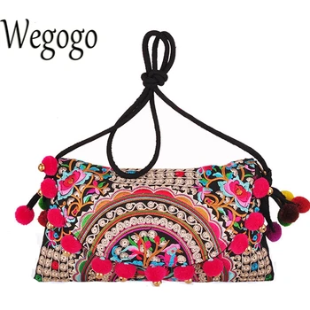 

Wegogo Women Handbag National Embroidered Handmade Ethnic Pompon Balls Shoulder Messenger Small Clutch Cover Bolsa Feminina