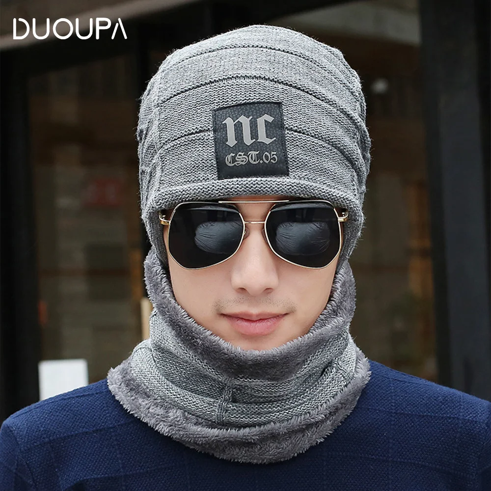 

Men's Hats Autumn and Winter New Furry Thickened Knitted Hat Warm Wool Hat Neck Set Knitted Hat