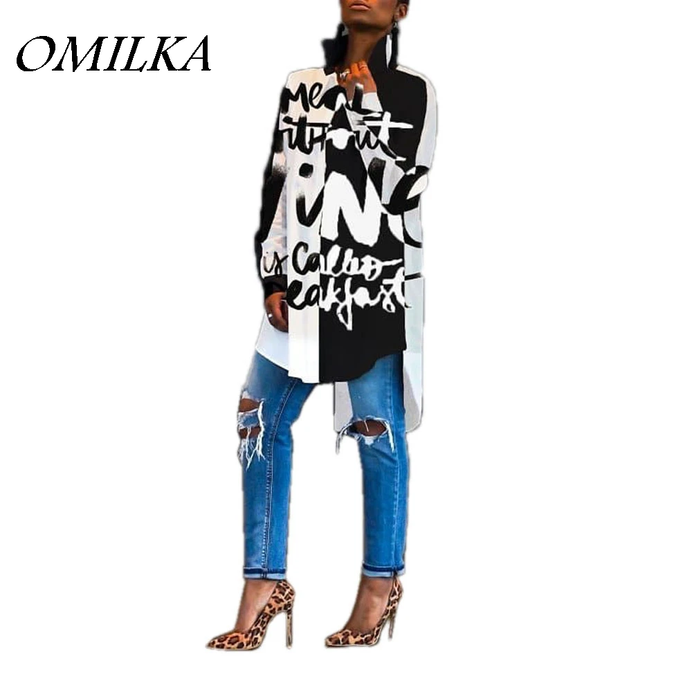 

OMILKA Long Sleeve Letter Printed Hip Hop Shirt 2019 Summer Women Turn Down Collar Button Harajuku Casual Long Streetwear Shirt