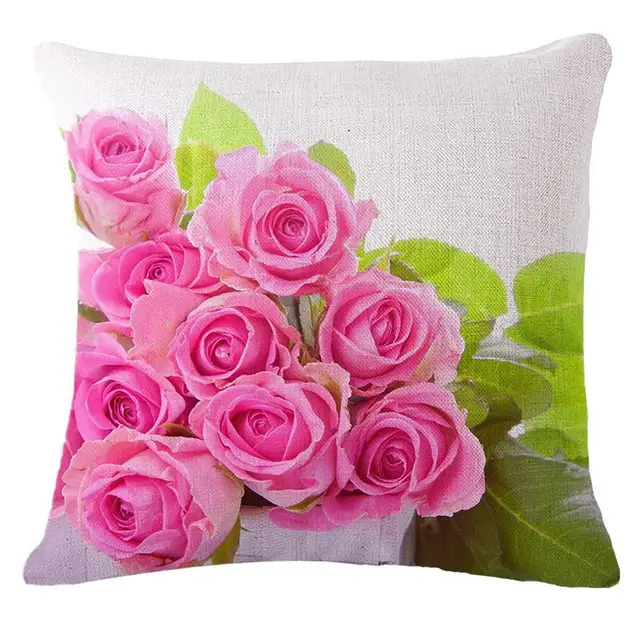 Pink Rose Flower Printed Cushions Linen Cotton Cushion Cover Throw