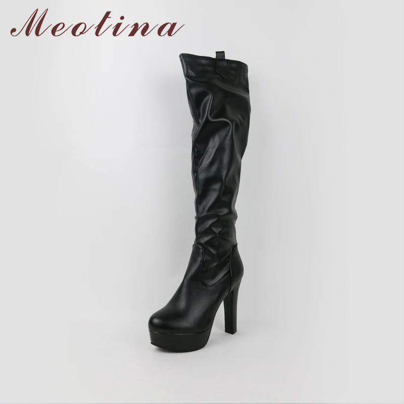 Meotina/сапоги женские зимние сапоги до колена высокие сапоги на платформе и высоком каблуке большой размер 44, 45, пикантная обувь с круглым носком женская обувь черного цвета