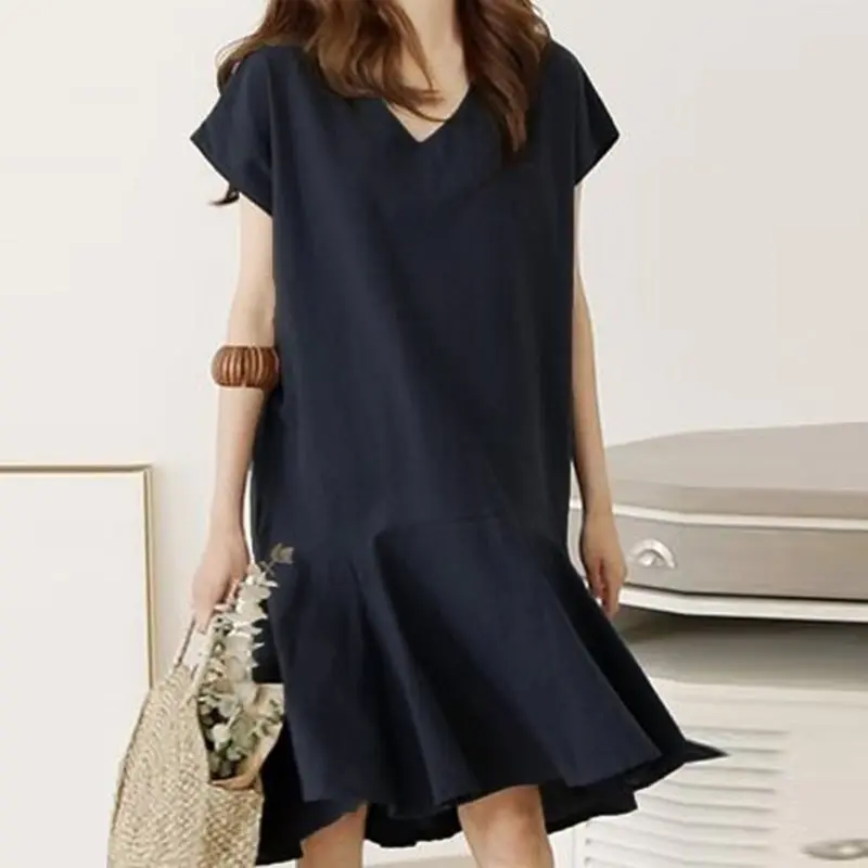 

2019 Plusee V-neck Hem Ruffle Solid color One-piece Ladies Fashion Casual Asymmetrical Dress Simple Simple dress