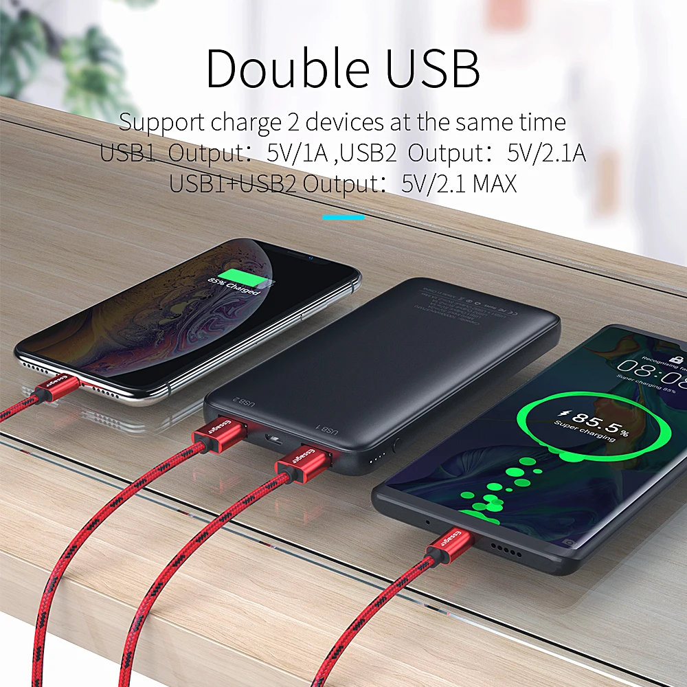 Тонкий внешний аккумулятор Essager 10000 мАч два порта USB портативное зарядное