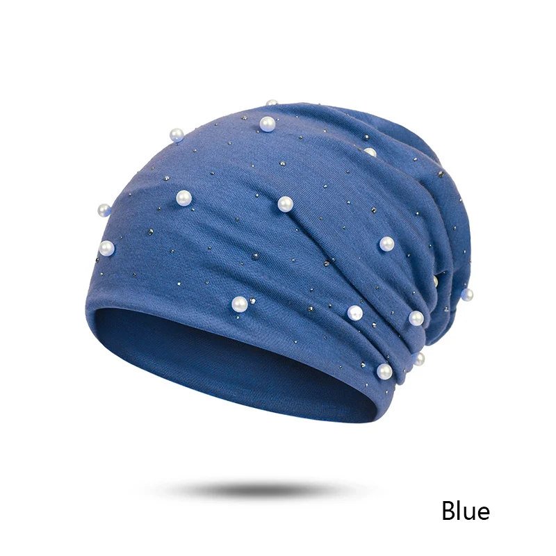 Новая женская шапка, Повседневная полиэфирная блестящая жемчужная Стразы вязаная Шапочка, одноцветная модная теплая хлопковая женская шапка - Цвет: blue