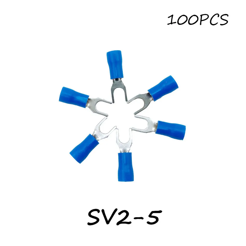 SV2-5 100 шт./упак. синий изолированный вилочный клеммный блок соединитель Электрический Furcate предварительно Изолированный конец вилка обжимной кабель провода