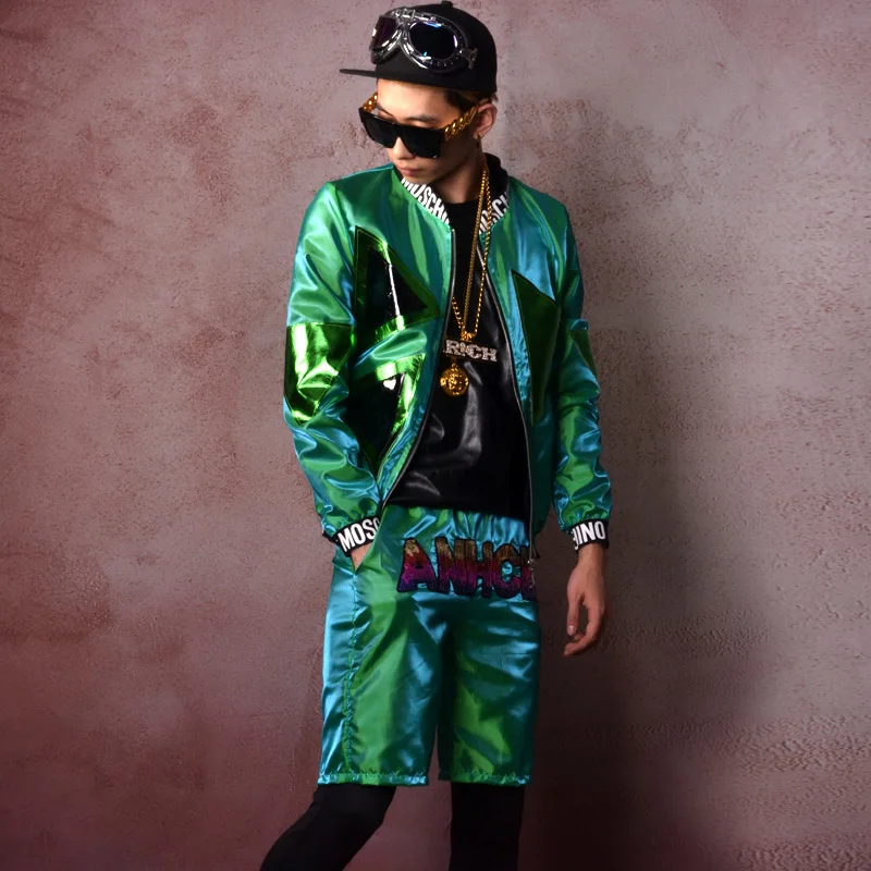 

Men Hip Hop Baseball Jacket 2 Sets (jacket+shorts) Male Fashion Coat Nightclub Singer DJ Dancer Stage Show Clothes Uniformes