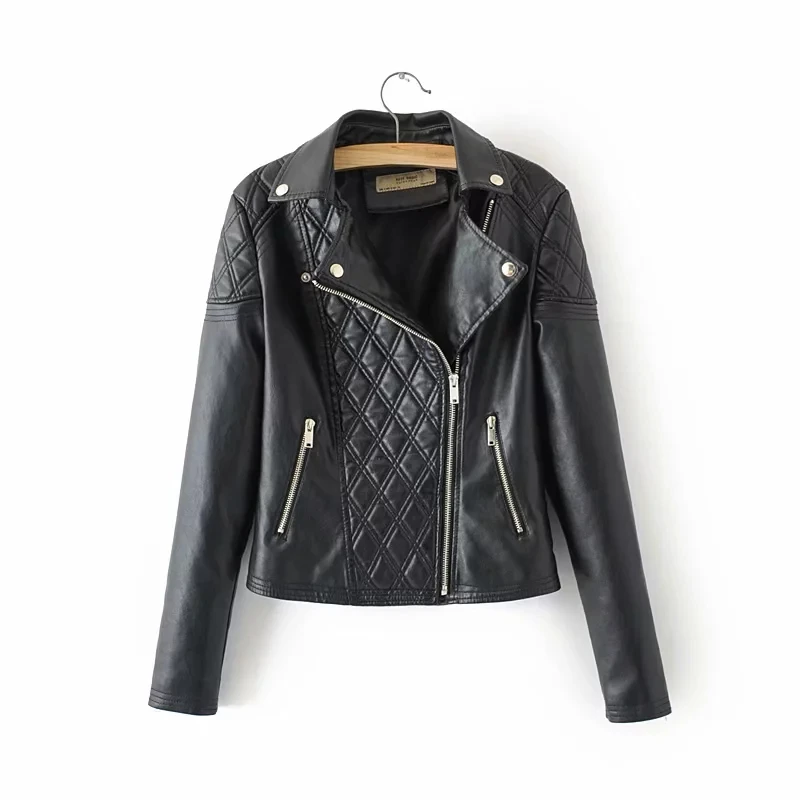 

fashion women quilting PU Leather jackets office ladies vintage black jacket cool girls slim short coats feminine female outfit