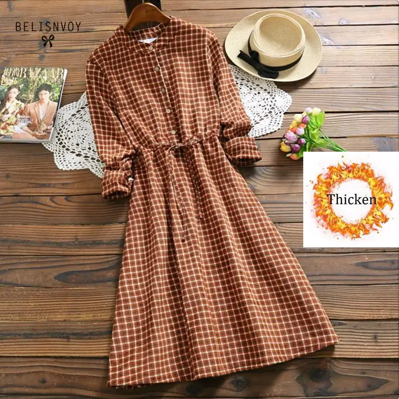 

Mori Girl Thickening Fleece Dresses Women Fashion Autumn Winter Long Sleeve Vintage Plaid Corduroy Dresses Femininos Vestidos