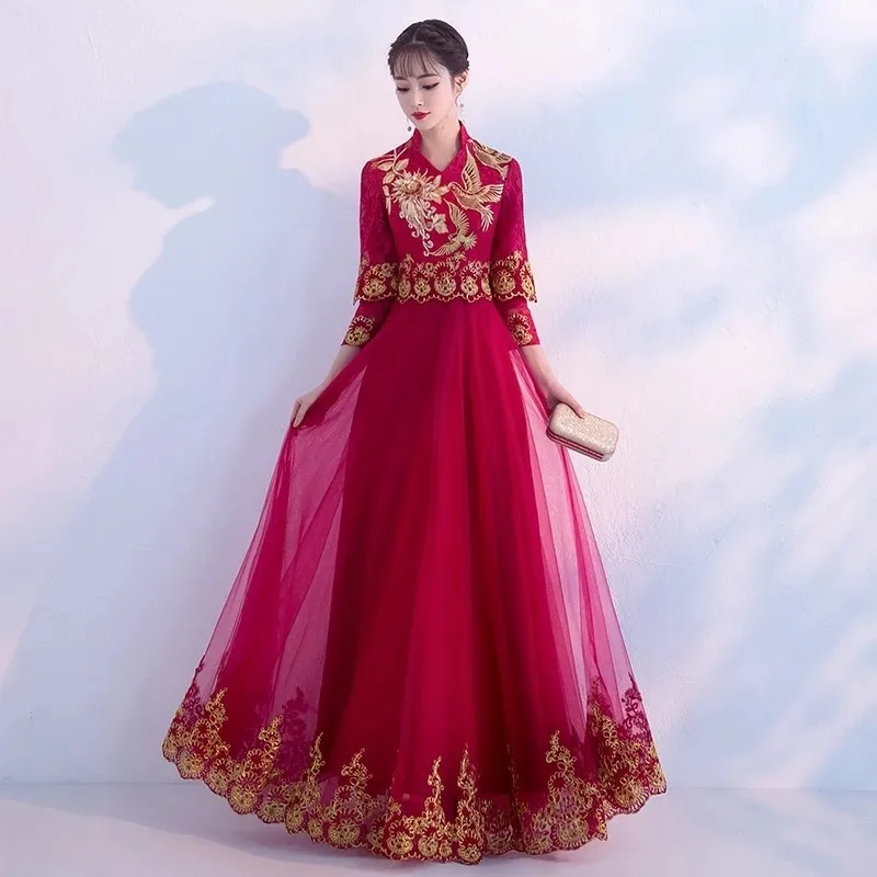 Красный кружевной Чонсам Китай длинное винтажное Qipao платье в традиционном китайском стиле невесты Qi Pao Свадебная Женская Роба в восточном стиле Вечерние платья - Цвет: wine red