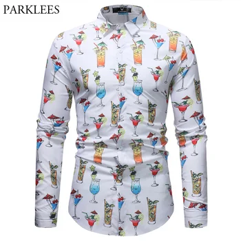 

Stylish Cup Print Men Casual Shirt Slim Fit Long Sleeve Dress Shirts Men Party Holiday Chemise Homme Button Down Camisa Social