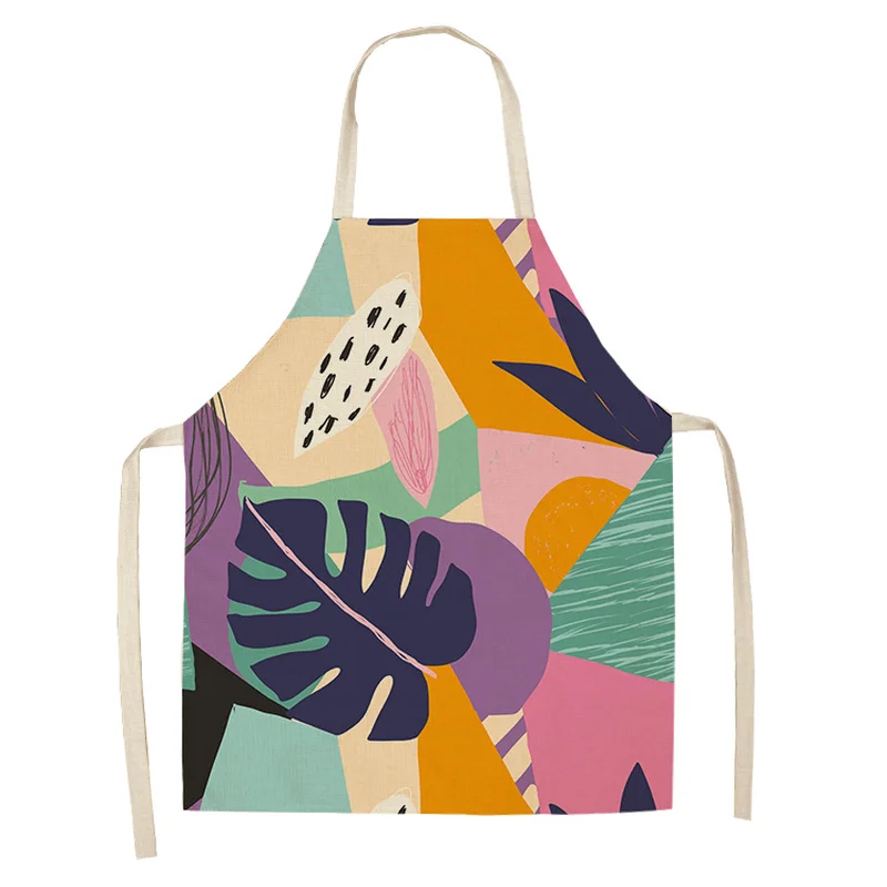 1 Pcs Abstract Green Leaves Pattern Kitchen Aprons for Woman Home Linen Sleeveless Apron Kitchen Cooking Bibs Cleaning Tools