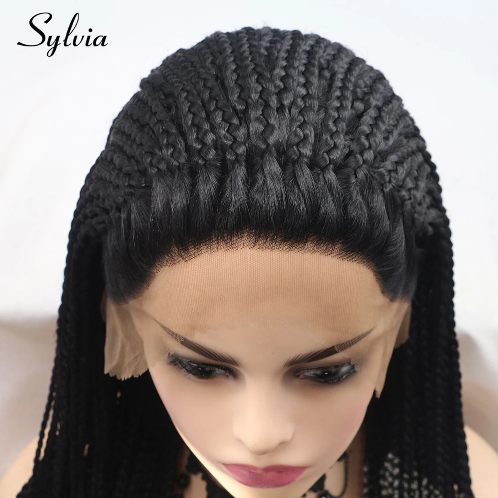 Sylvia 1b черный плетеный ящик косички Синтетические Кружева передние парики