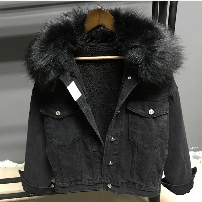 Ideal  Autumn Winter Big Fur Collar Denim Jacket Women Thick Warm Lambswool Jeans Jacket Fashion Large siz
