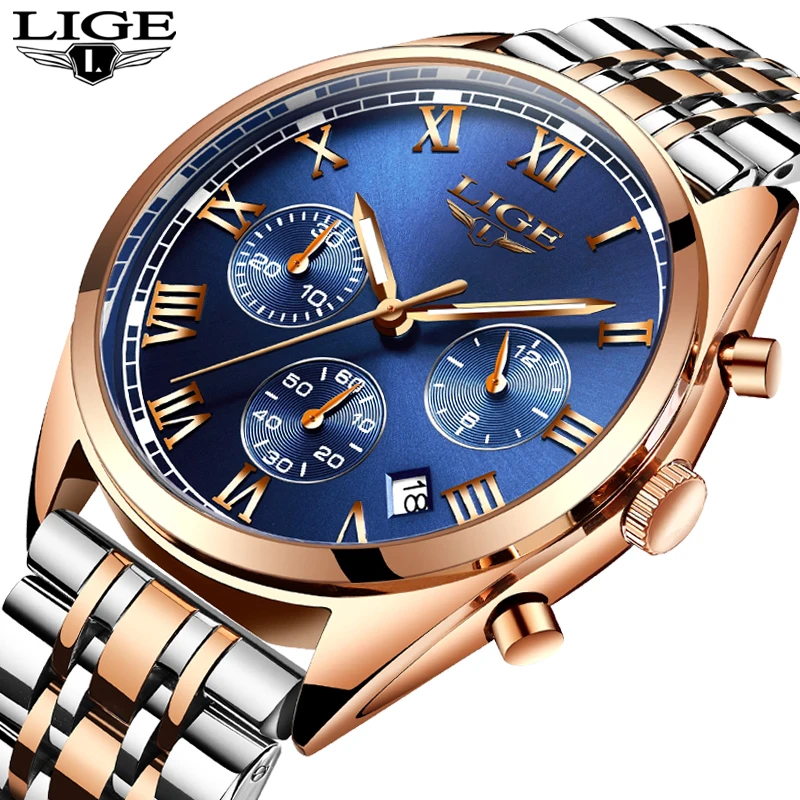 

LIGE men's watch top luxury brand men's military waterproof casual sports watch stainless steel quartz clock Relogio Masculino