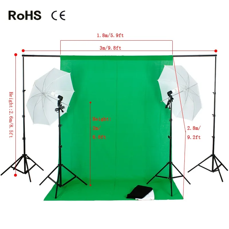 

Photo Studio Lighting Kit Set +2.6m*3m Background Support Stand+1.8m*2.8m cotton backdrops+2*45w 5500K Daylight Light Bulb