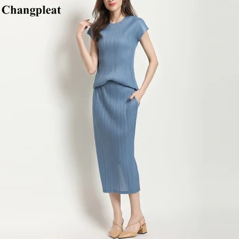 

Chagnpleat 2019 summer New Women Sets Miyak Pleated Fashion Solid O-neck T-shirts + Skirts Elastic waist Female two piece Suits