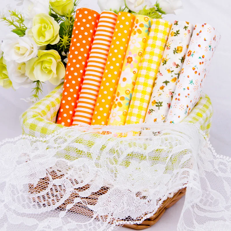 

Cotton Cloth Sewing Twill Fabric Floral Little Plaid Stripes Quilting Bundle Handmake Fabric 7 Designs 25x25cm Yellow Color
