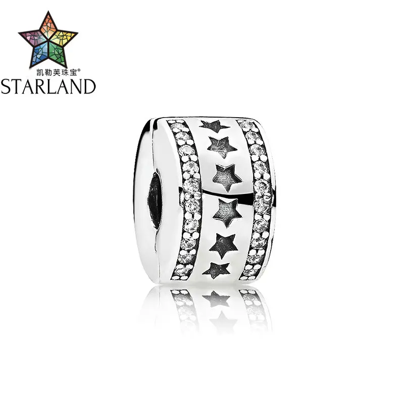 

Starland 100%925 Sterling Silver Lock Stopper Charm Beads Clip Star With Paved Clear Zirconia Beads DIY Women Jewelry Gift