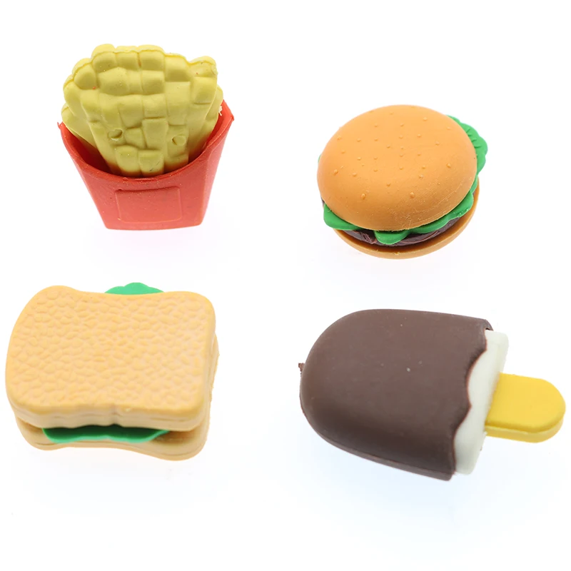 4Pcs Hamburger Cake Rubber Eraser Set Food Drink Fruit Eraser School Stationery 4Pcs Hamburger Cake Rubber Eraser Set Food Drink Fruit Eraser School Stationery
