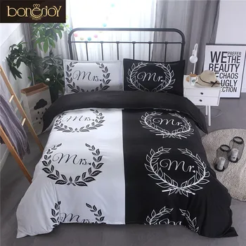 

Bonenjoy Mr and Mrs Lover Couples Bedding Set Black and White Color Simple Style Europe Queen Size Bed Duvet Cover King Size