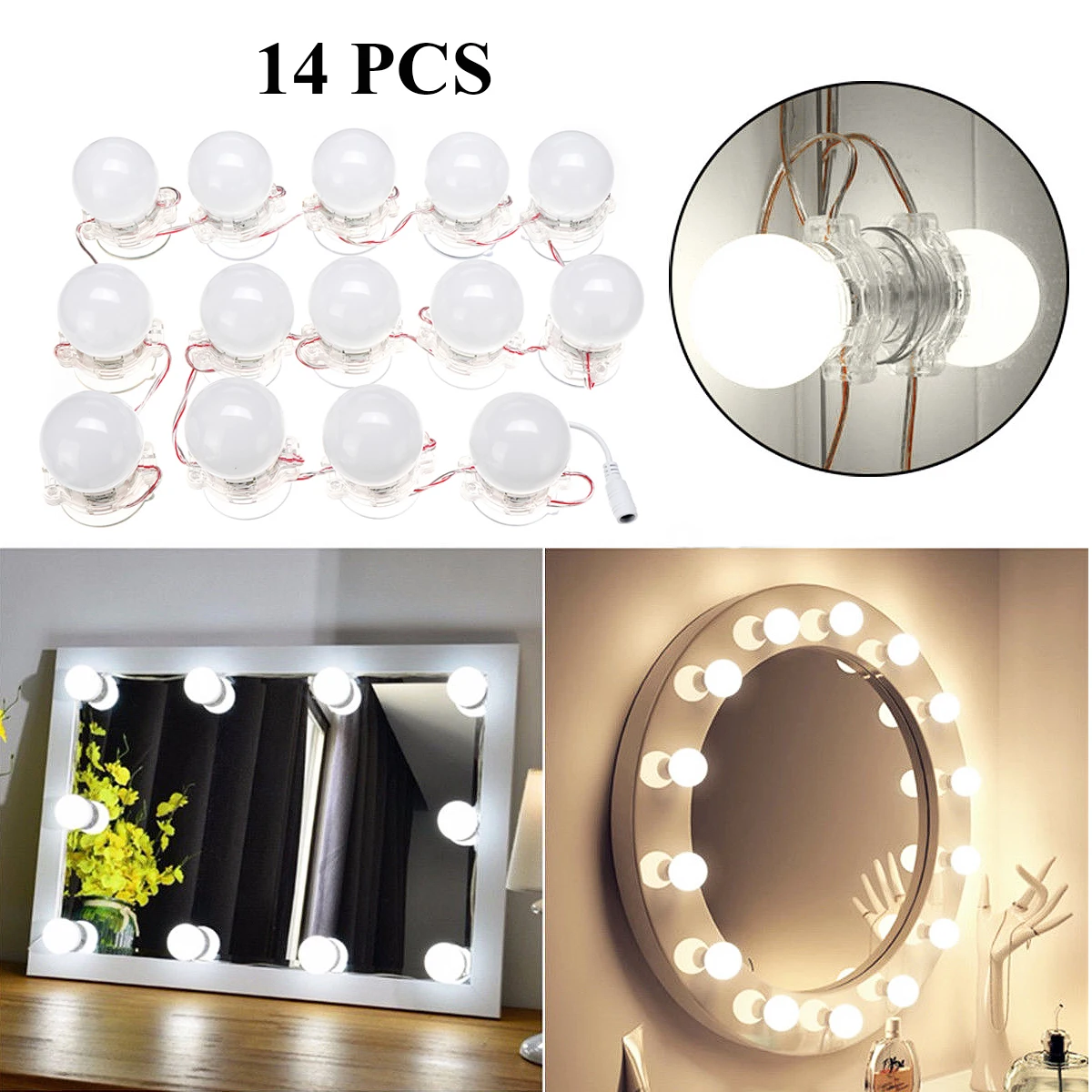 

New DIY 14PCS LED Lamp String White Makeup Mirrors Lamp Suction Cosmetic Dressing Salon Barber Shop Dresser Mirror Lighting