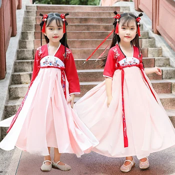 

Hanfu Folk Dance Costume For Kids Baby Girls Tangsuit Festival Outfits Traditional Ancient Chinese Style Prom Dresses DWY1914