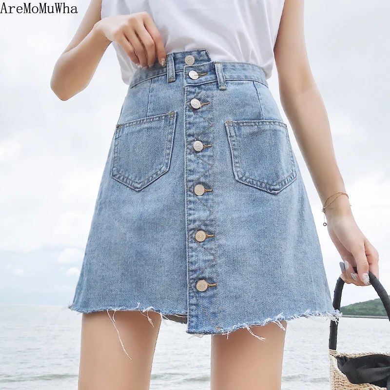 

AreMoMuWha Summer Korean Version of The Large Size High Waist A Word Denim Skirt Female Irregular Thin Package Hip Half Skirt976