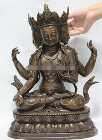 

B0601 329 16 Tibet Bronze Copper Three Face Head Kwan Yin Fourarmed Avalokitesvara Buddha statue