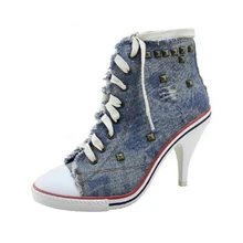 lace up high heel shoes casual women New brand denim heels rivet woman Frayed martin ankle footwear sex Wedge Canvas Shoes s366