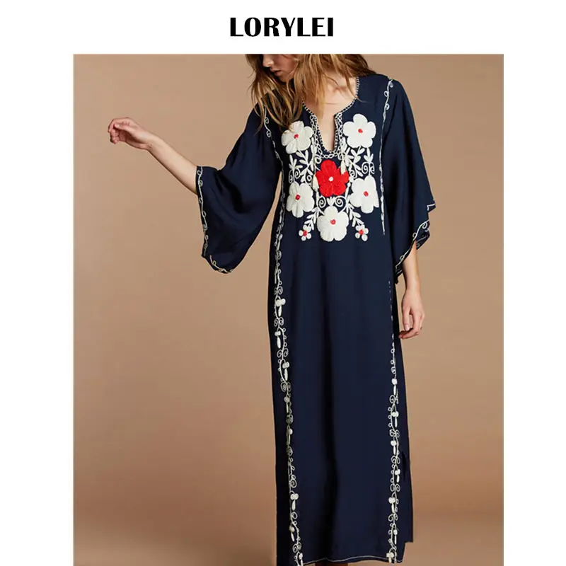 

Navy Blue Embroidery Chinese Style Kaftan Beach Dress Bathing Suit Cover Up Elegant Cotton Women Summer Pool Party Dress N603