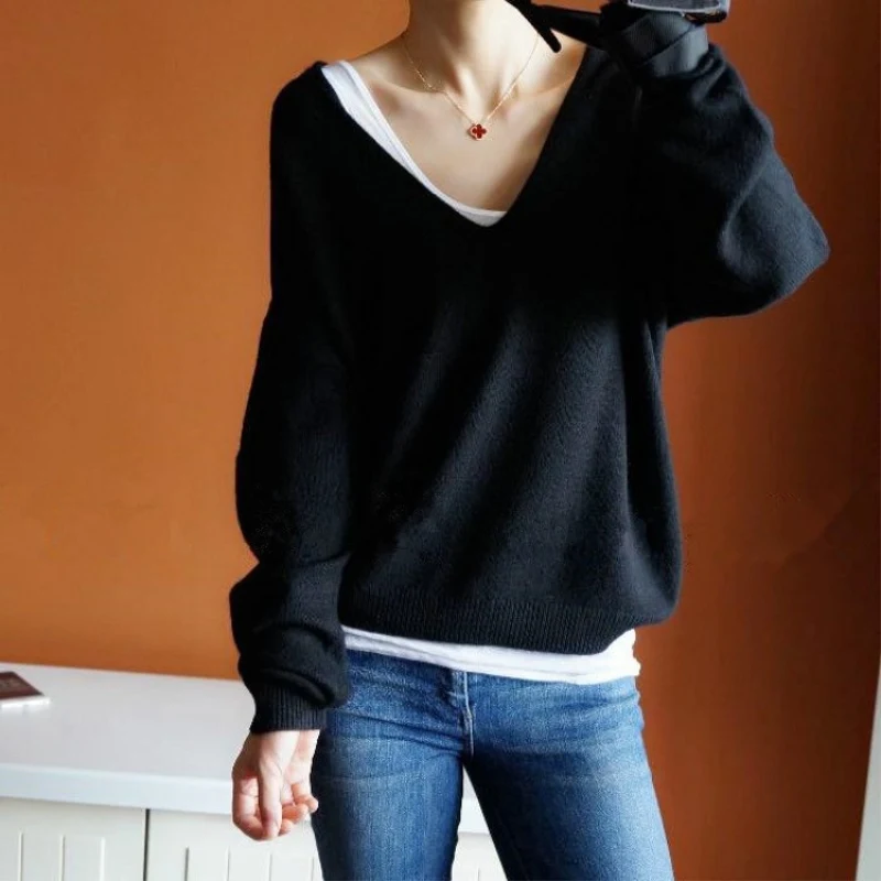 JECH Autumn winter New loose large size V-collar pure Cashmere Sweater fashion soft high-quality women's Sweaters knitting Sweaters